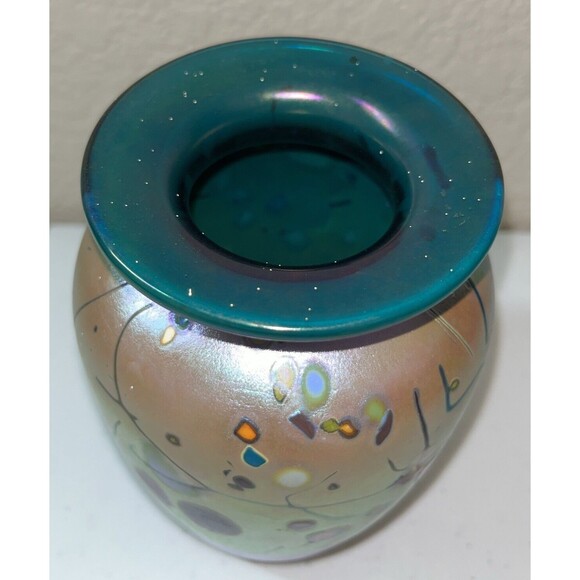 Rick Hunter ? Studio Art Glass 6 Inch Vase Abstract Design Iridescent Dated 2012 - Picture 5 of 16